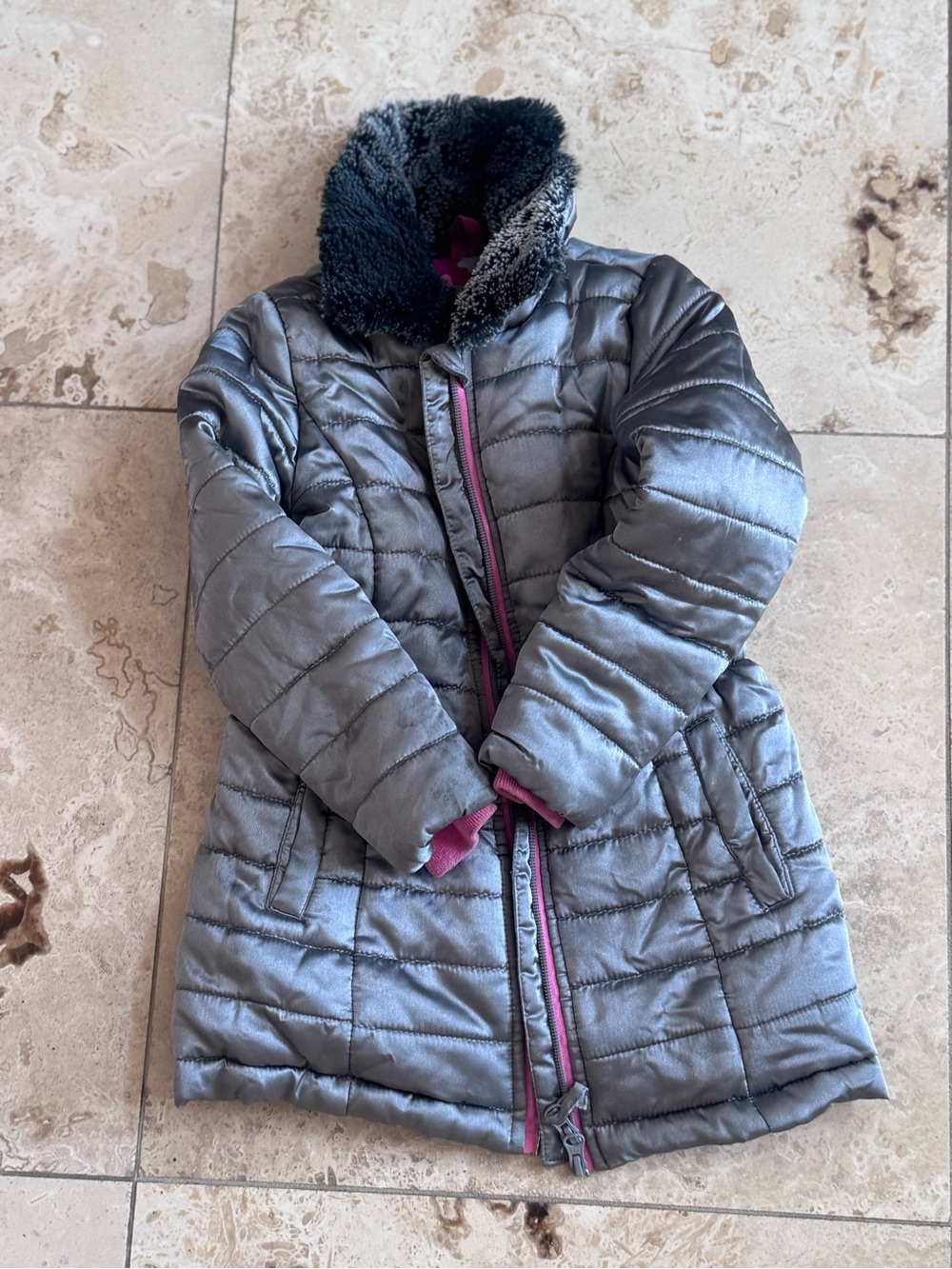 Hatley Gray Quilted Puffer Coat with Pink Trim